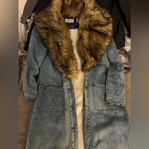 Long Lined Denim Coat with Fur Collar